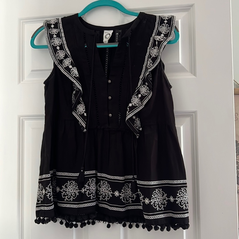 Anthropologie Ruffle Pom Pom Lace Tank